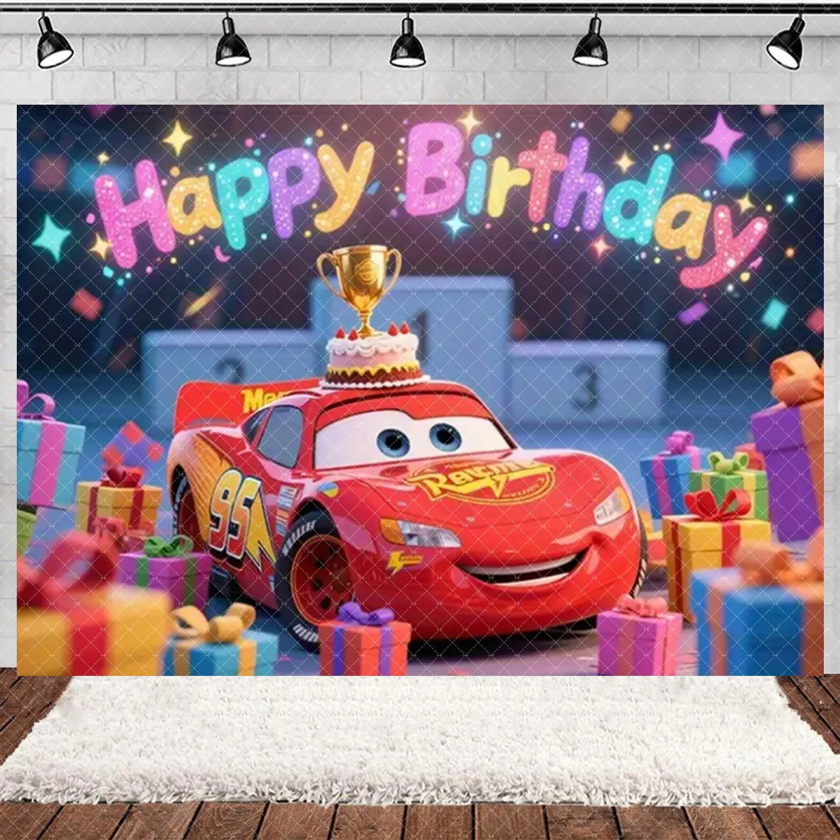 A cartoon racing birthday party backdrop featuring a red race car and gold trophy surrounded by colorful gifts.
