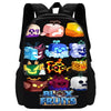A black backpack featuring various cartoon fruit designs on the front pocket.