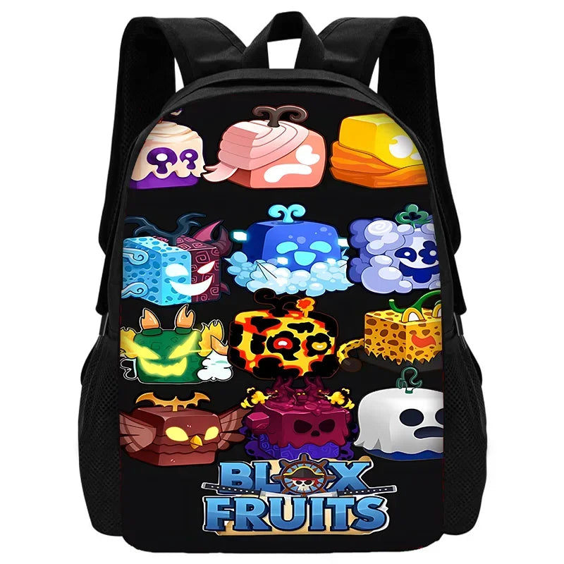 A black backpack featuring various cartoon fruit designs on the front pocket.