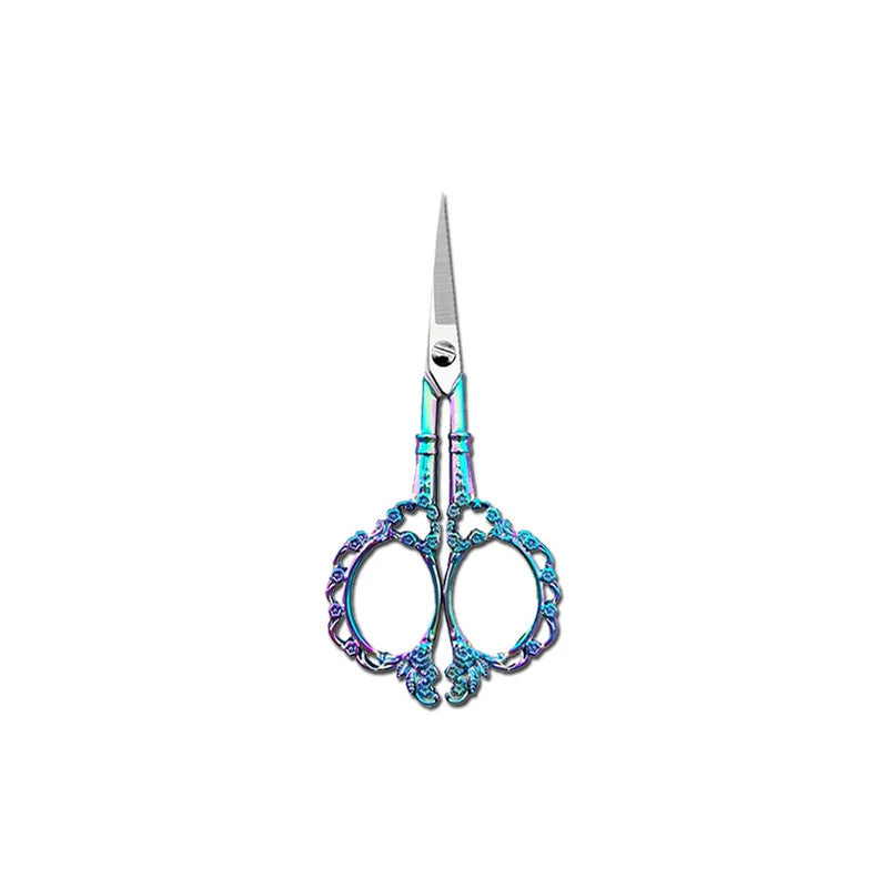 A pair of durable stainless steel crafting scissors with ornate blue and silver handles.