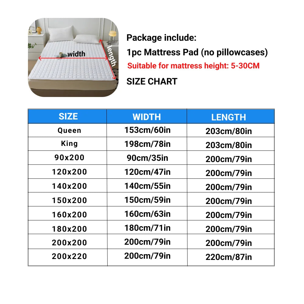 A chart showing various sizes of a waterproof quilted mattress pad for different bed dimensions.