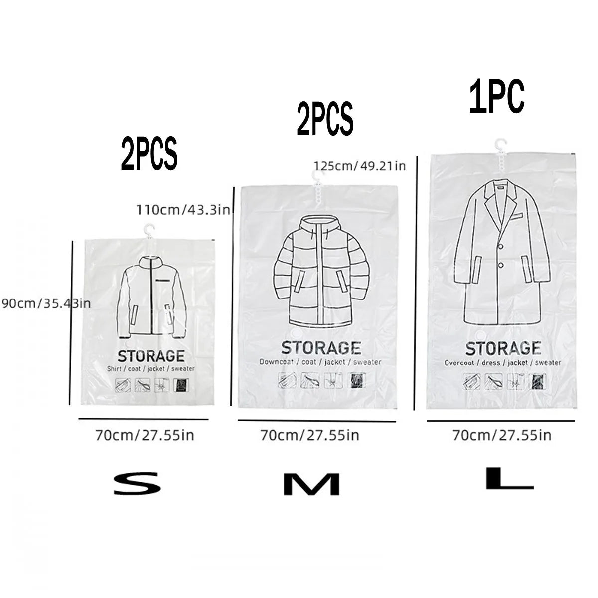 Three sizes of hanging vacuum storage bags for clothing: S, M, and L.