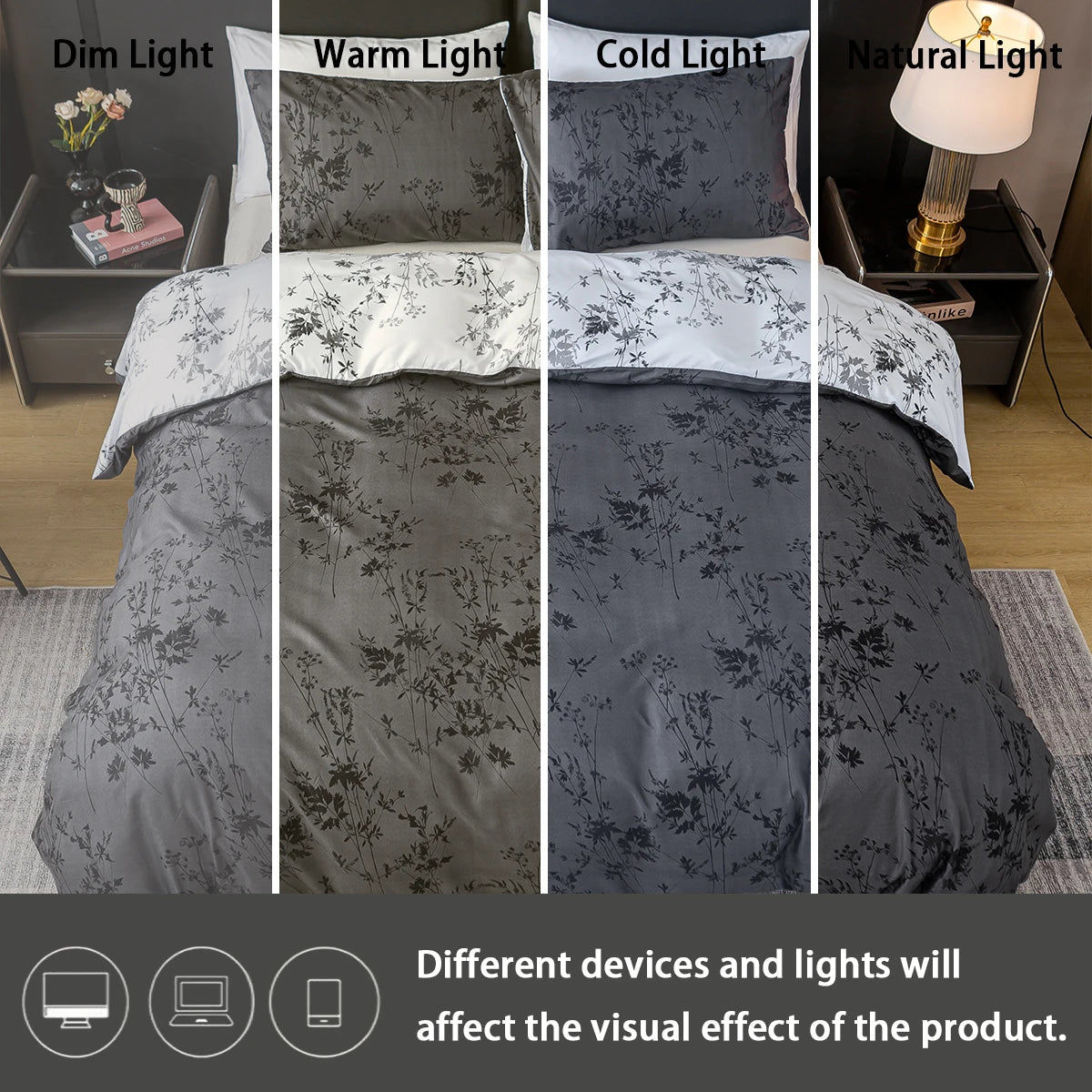 Three versions of a dark gray floral pattern duvet cover and pillowcase shown under dim, warm, and cold lighting.