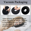Black ear cushions used for vacuum packaging, shown in various angles and a person using them.