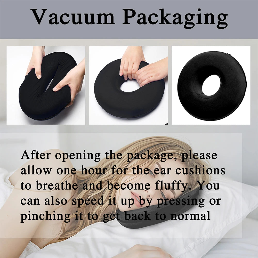 Black ear cushions used for vacuum packaging, shown in various angles and a person using them.