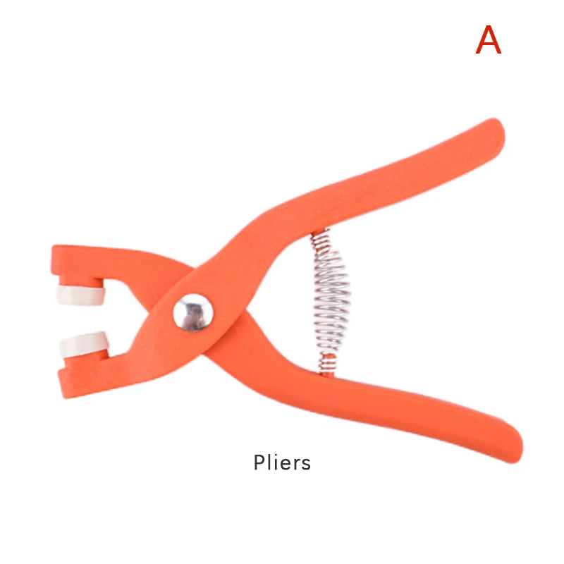 Orange pliers used for a metal snap button kit in DIY sewing crafts