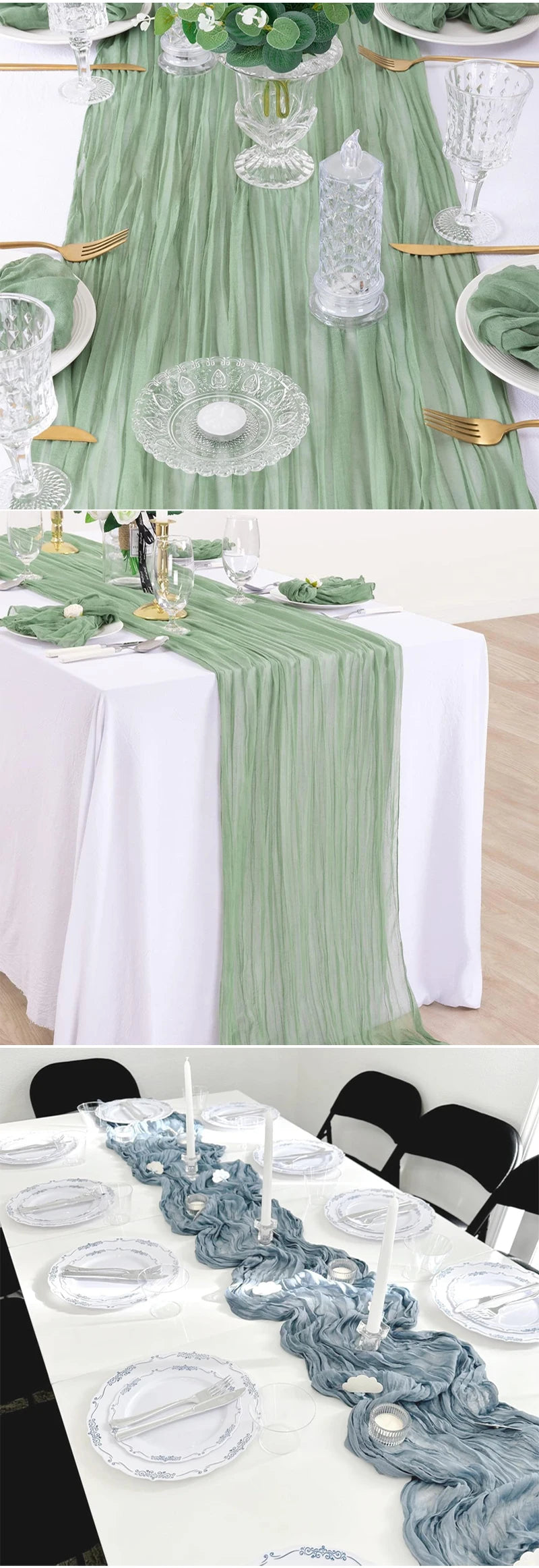 A semi-sheer sage green gauze table runner draped over a white tablecloth, set for an elegant dining event.