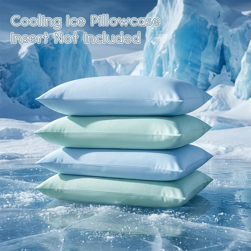 Stack of light blue and mint green cooling ice pillowcases on a snowy surface with icy blue mountains in the background