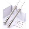 A set of silver leather sewing awls and stitching tools displayed on a white background.
