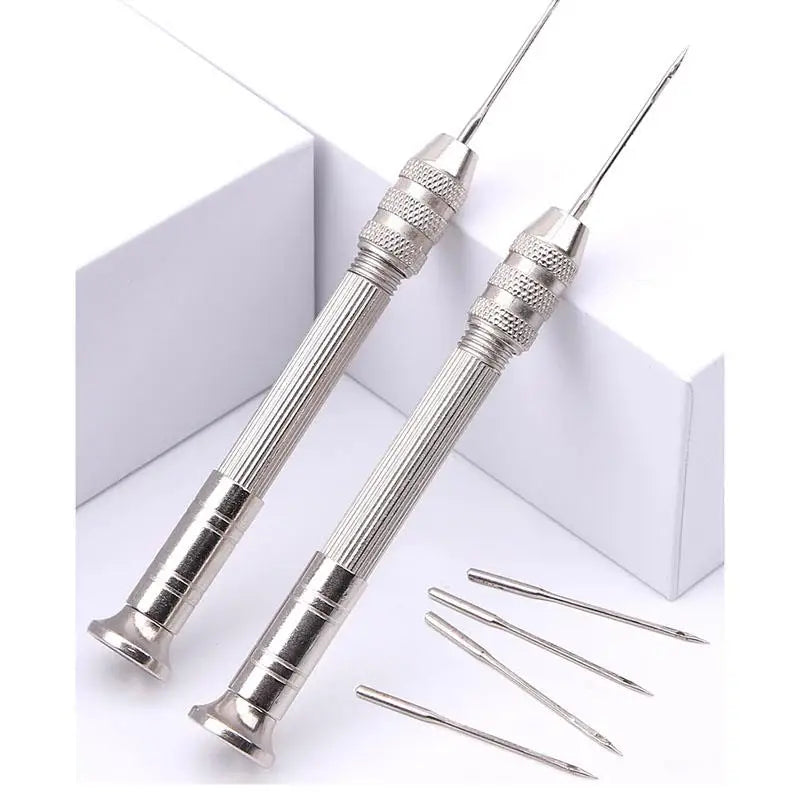 A set of silver leather sewing awls and stitching tools displayed on a white background.