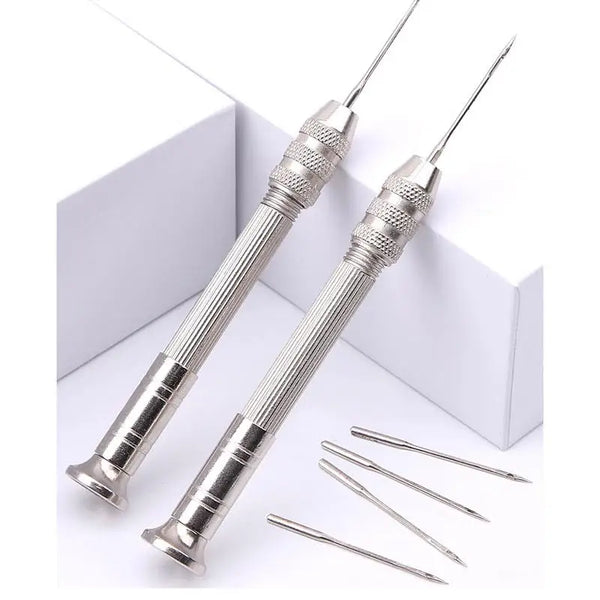 A set of silver leather sewing awls and stitching tools displayed on a white background.