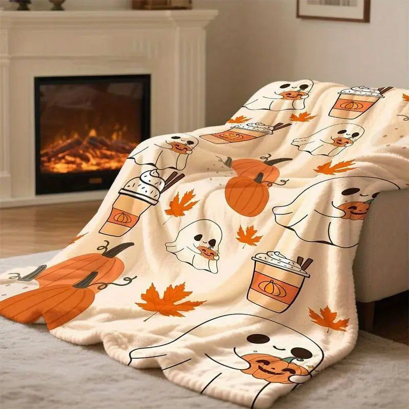 A beige flannel throw blanket featuring a pattern of cute orange and white pumpkin and leaf designs.