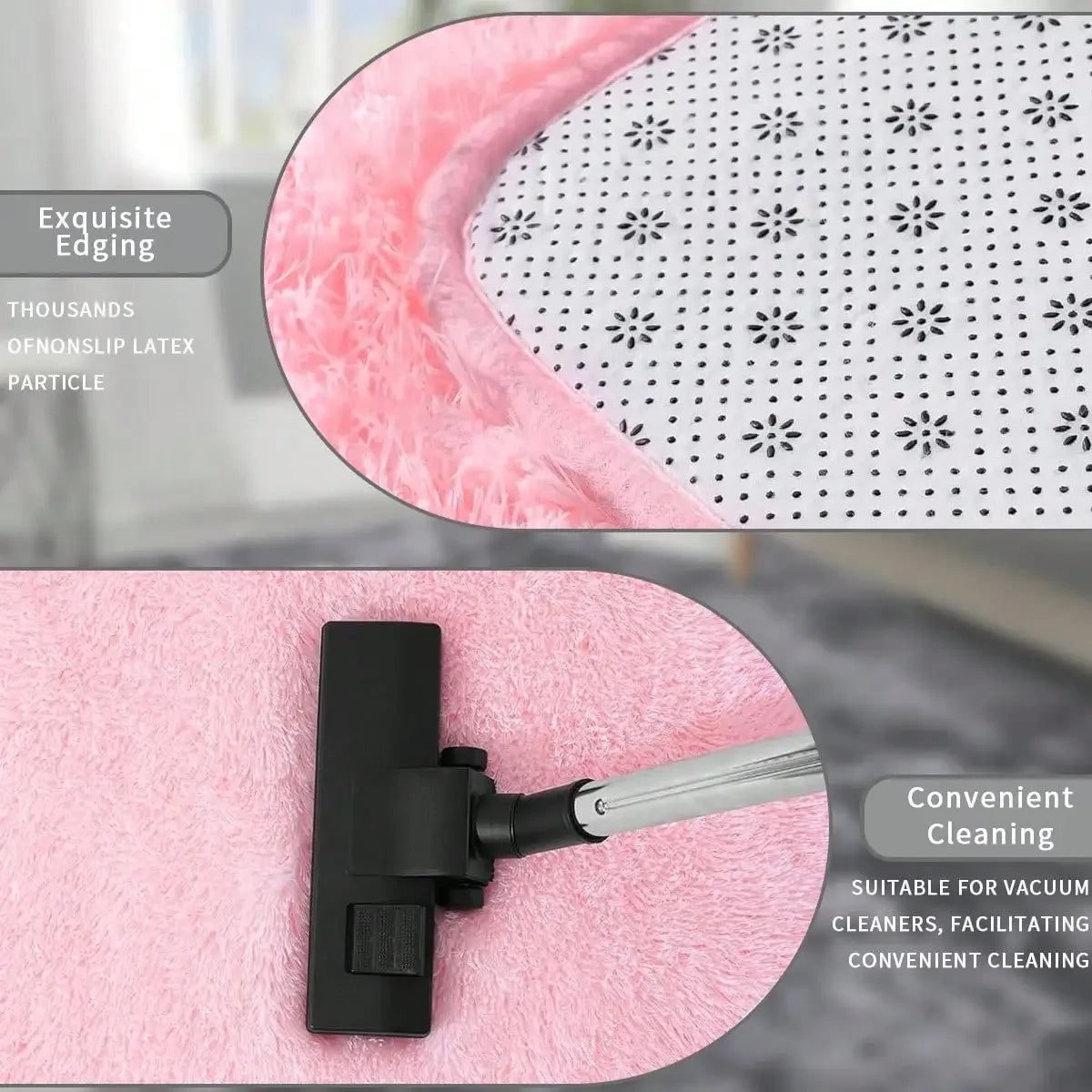 Close-up of a black cleaning tool designed for convenient vacuum cleaning on a pink plush area rug.