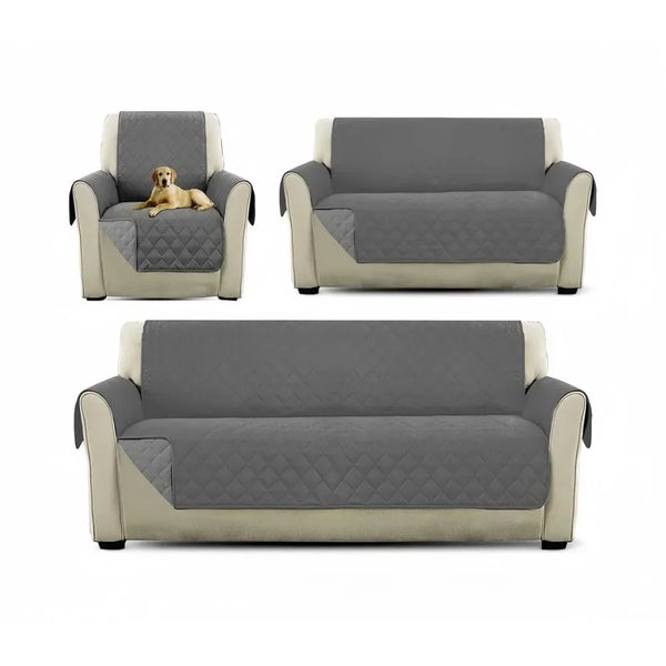 A protective sofa cover in gray and beige fabric shown in three different configurations.