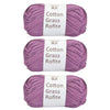 Three skeins of purple cotton grass roving yarn labeled Cotton Grass Rofite