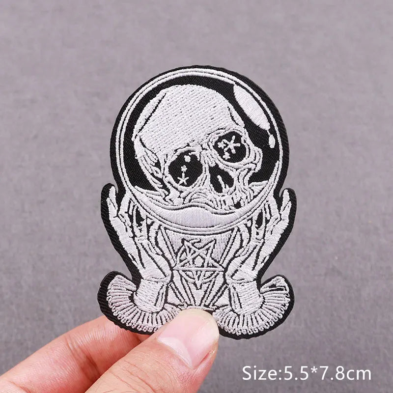 Black and white embroidered skull patch featuring a stylized horror movie design