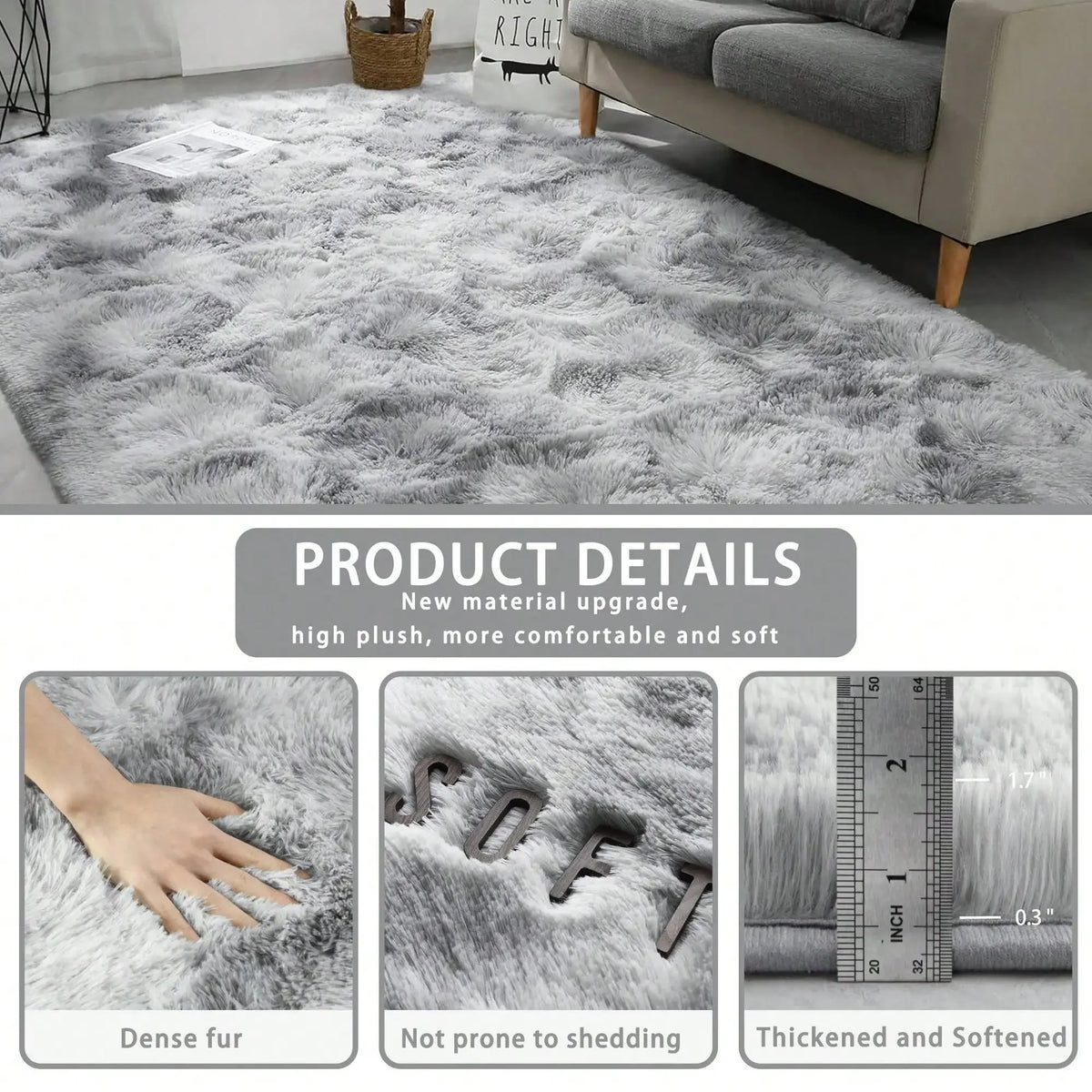 Close-up view of a gray plush long-pile area rug showing dense fur texture and thickness.