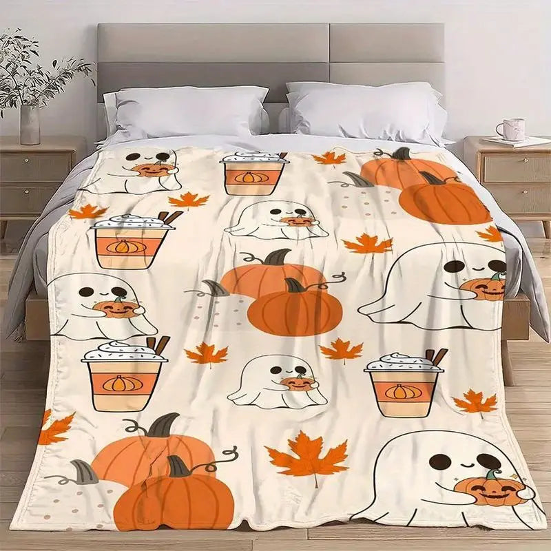 A beige flannel throw blanket featuring a pattern of cute white and orange pumpkins and maple leaves.