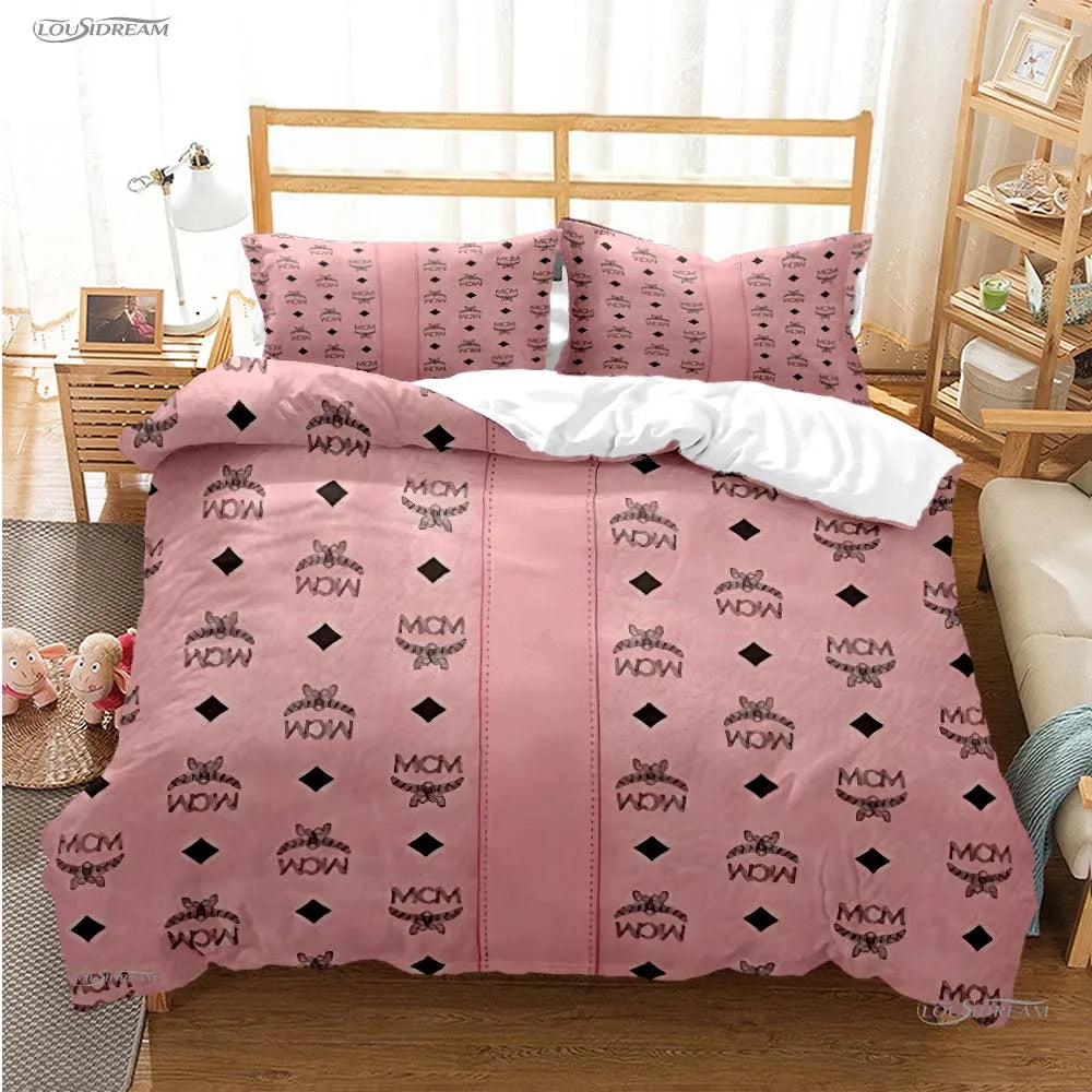 Pink duvet cover set with black diamond pattern and pillows on a wooden bed frame