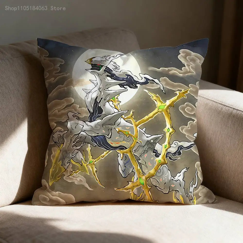 A pillow cover featuring an anime style print of a white mythical creature against a moonlit sky and clouds.