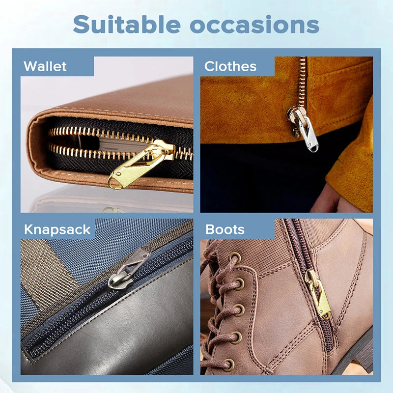 A collection of various items showing the use of a universal zipper repair kit with metal sliders on leather goods, clothing,