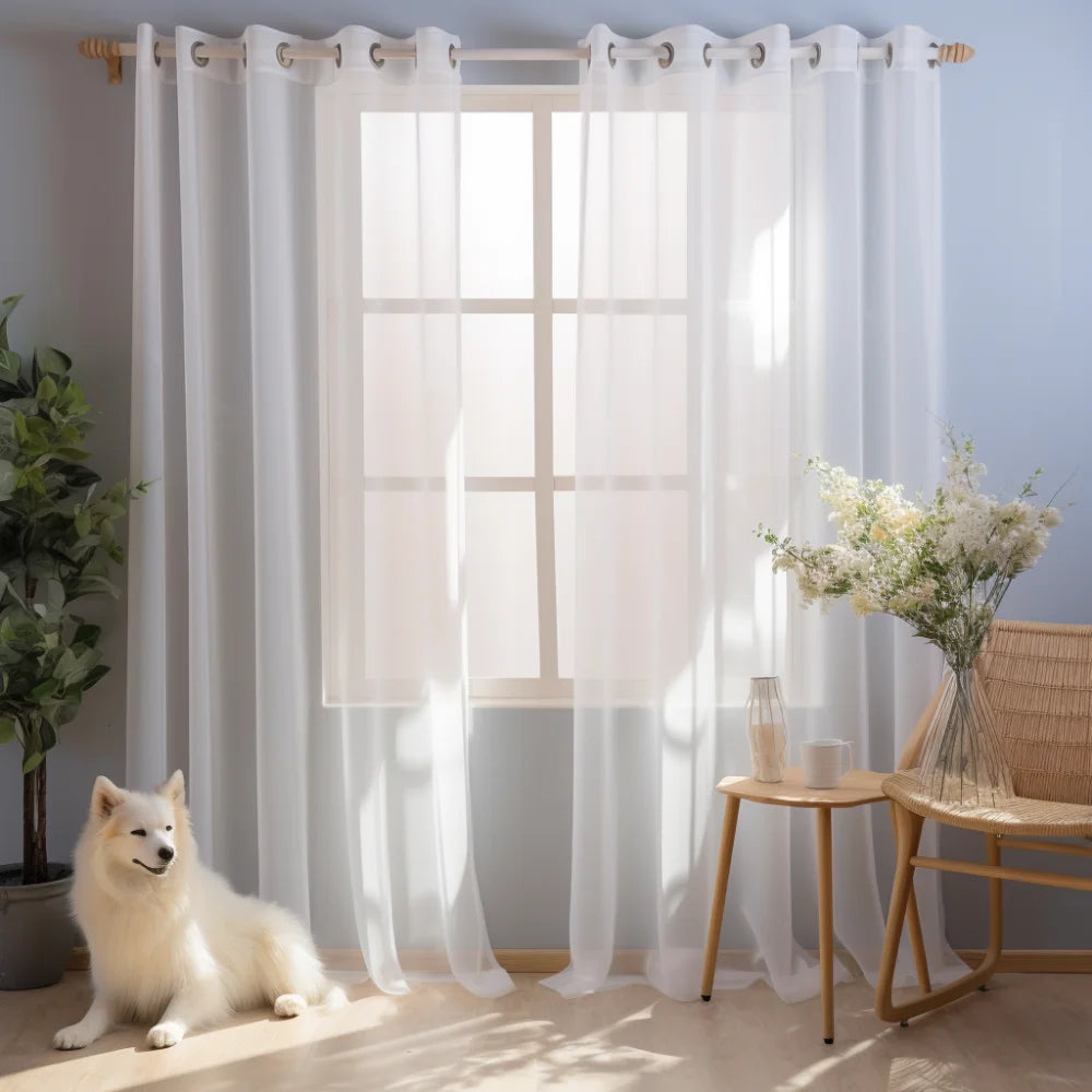 Sheer voile curtain panels in white filtering light through a window in a living room setting.