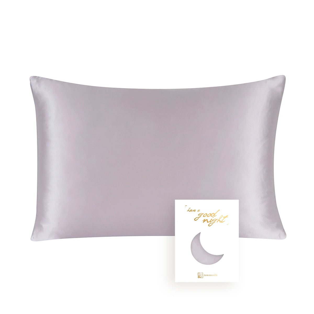 A square lavender silk pillowcase with a crescent moon design.