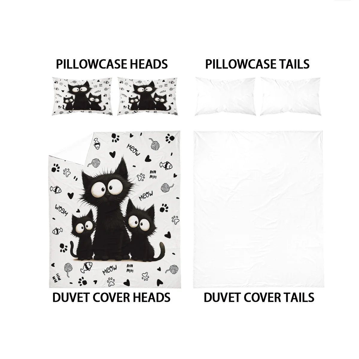 A set of three cat print bedding items including pillowcase heads, pillowcase tails, and duvet cover heads and tails.