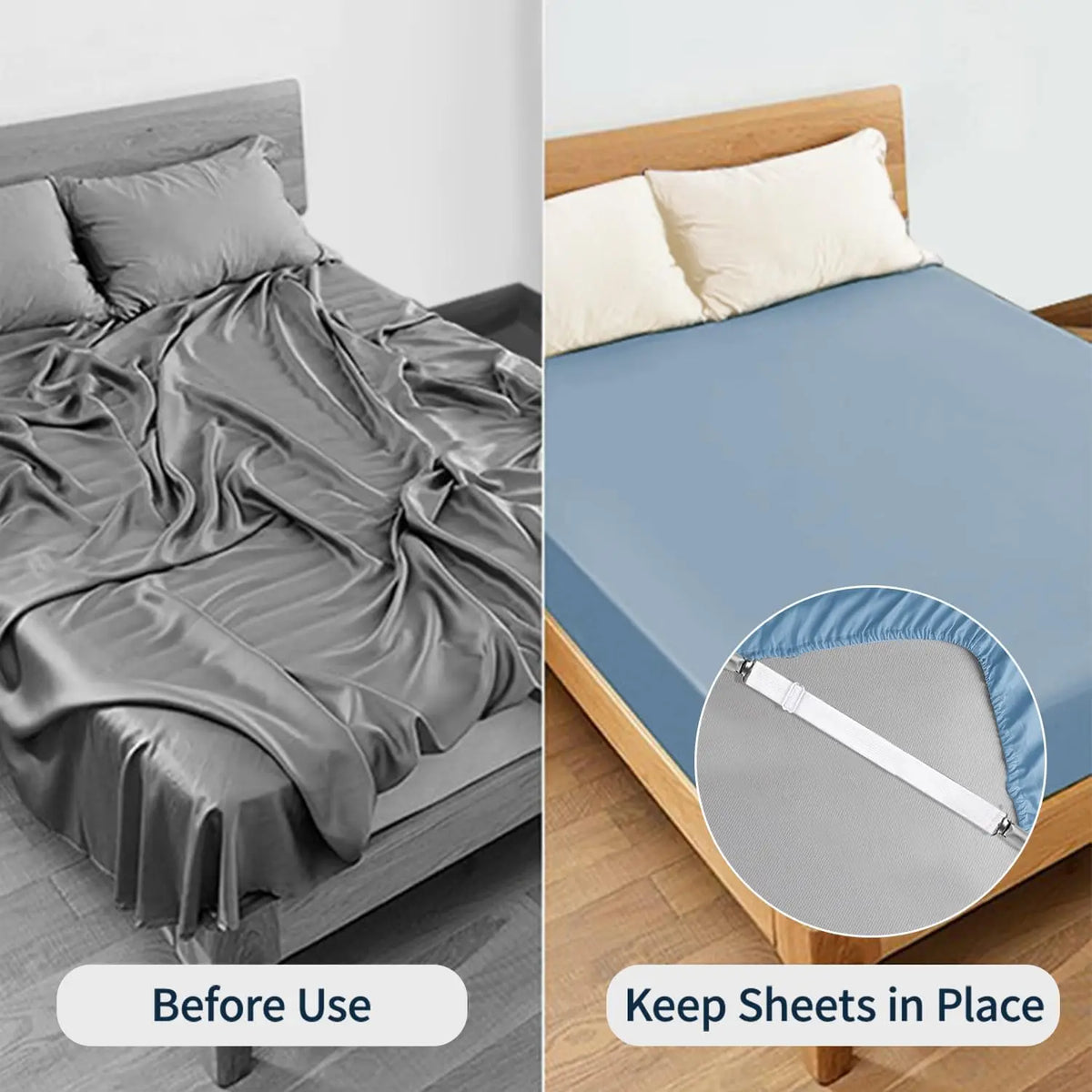 Before and after comparison showing adjustable bed sheet grippers used to keep sheets in place on a bed.