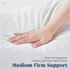 A hand rests on a white pillow demonstrating medium firm support from a plush yet supportive blend of feathers and down.