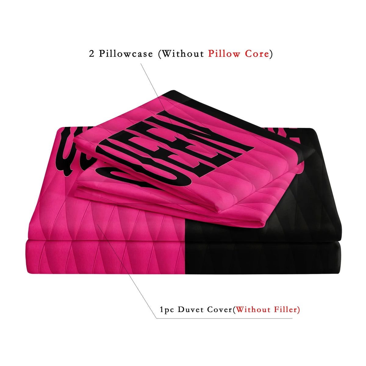 Pink and black duvet cover set featuring a crown design, including two pillowcases and one duvet cover.