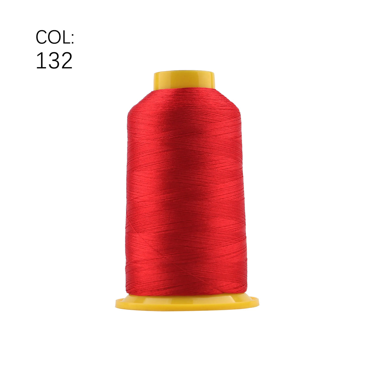 A spool of bright red high tenacity polyester embroidery thread with a yellow core.