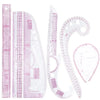 A set of six flexible French curve rulers for sewing and pattern drafting, featuring various angles and scales.
