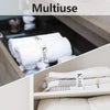 A close-up of white towels with King size straps organized in a storage compartment.