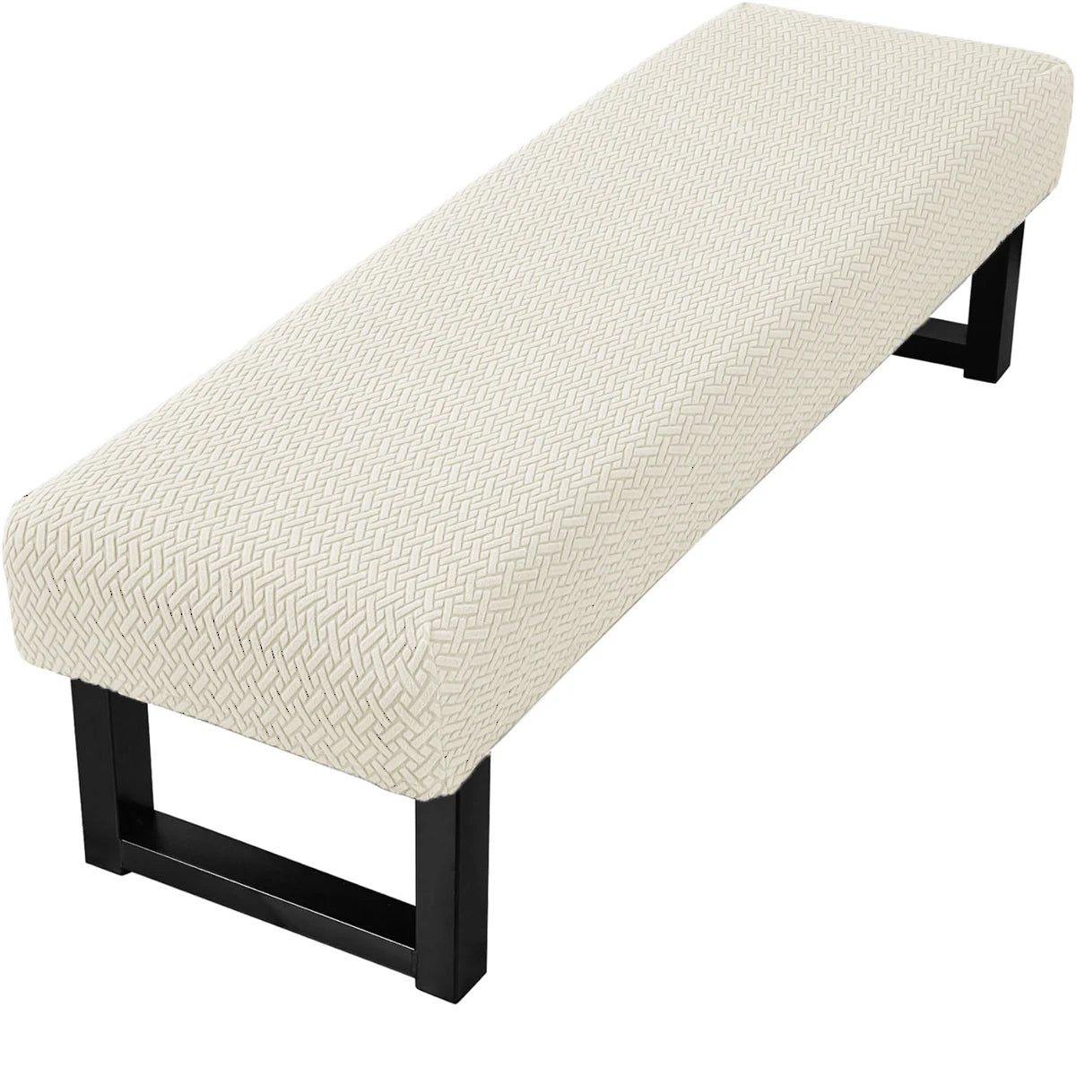 A beige stretch jacquard dining bench cover with a geometric pattern and black frame.