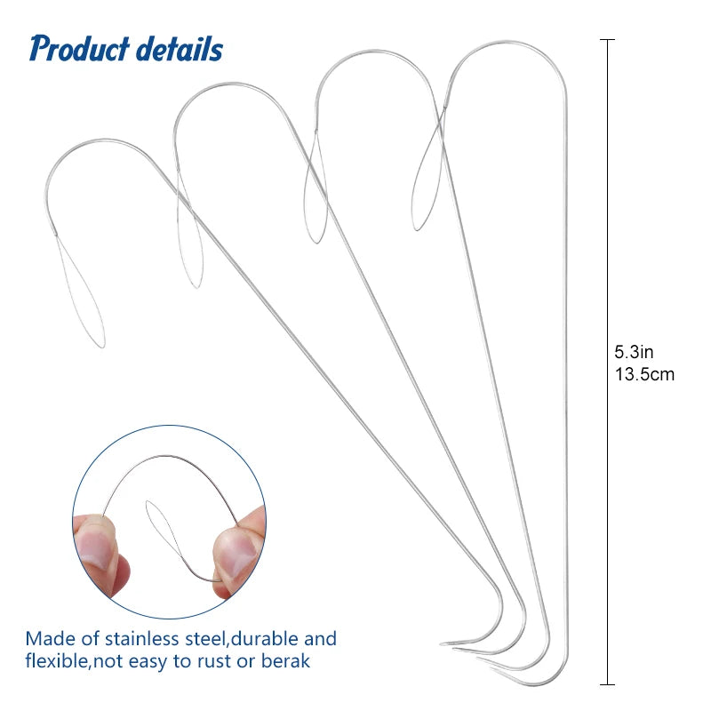 A set of stainless steel precision beading needles shown with a dimension scale.