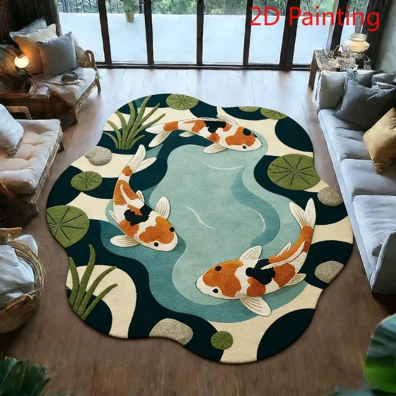 A round rug featuring a watercolor painting design of orange and white koi fish swimming in teal and green foliage.