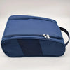 A navy blue portable shoe carrier bag with a zippered top and mesh bottom.