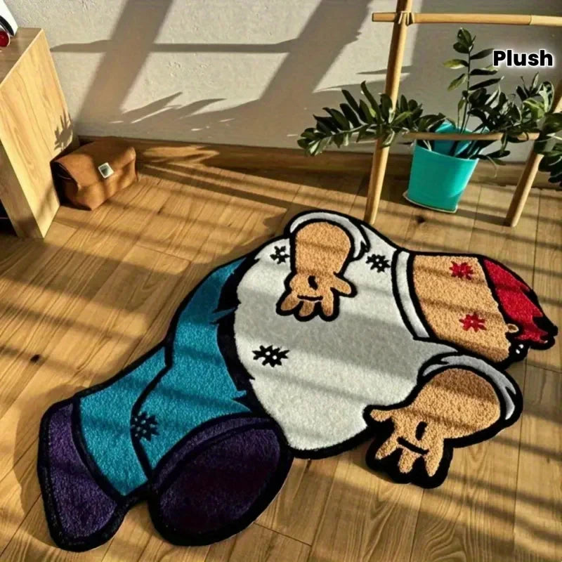 A funny cartoon rug depicting a character in a white shirt and blue pants lying on a wooden floor.