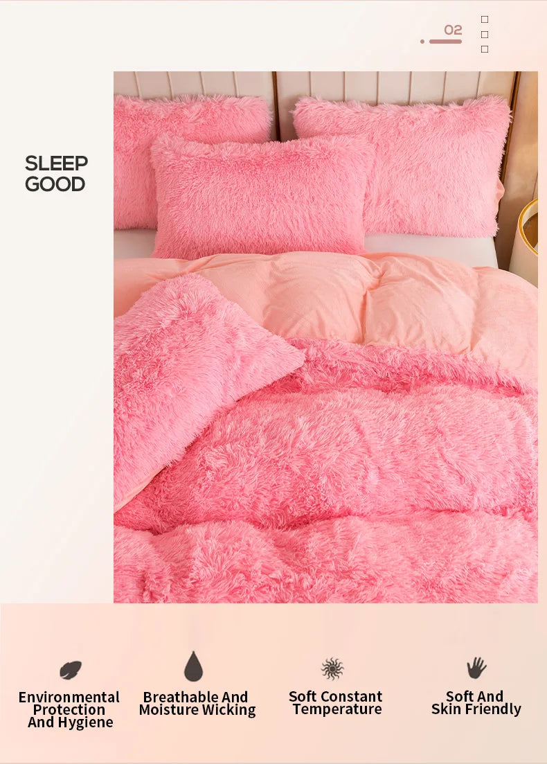 A set of pink fluffy bedding including pillows and a duvet cover, emphasizing soft skin-friendly and breathable features.