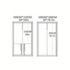 Two sizes of white sheer curtains shown, measuring 100x150 cm and 100x200 cm.