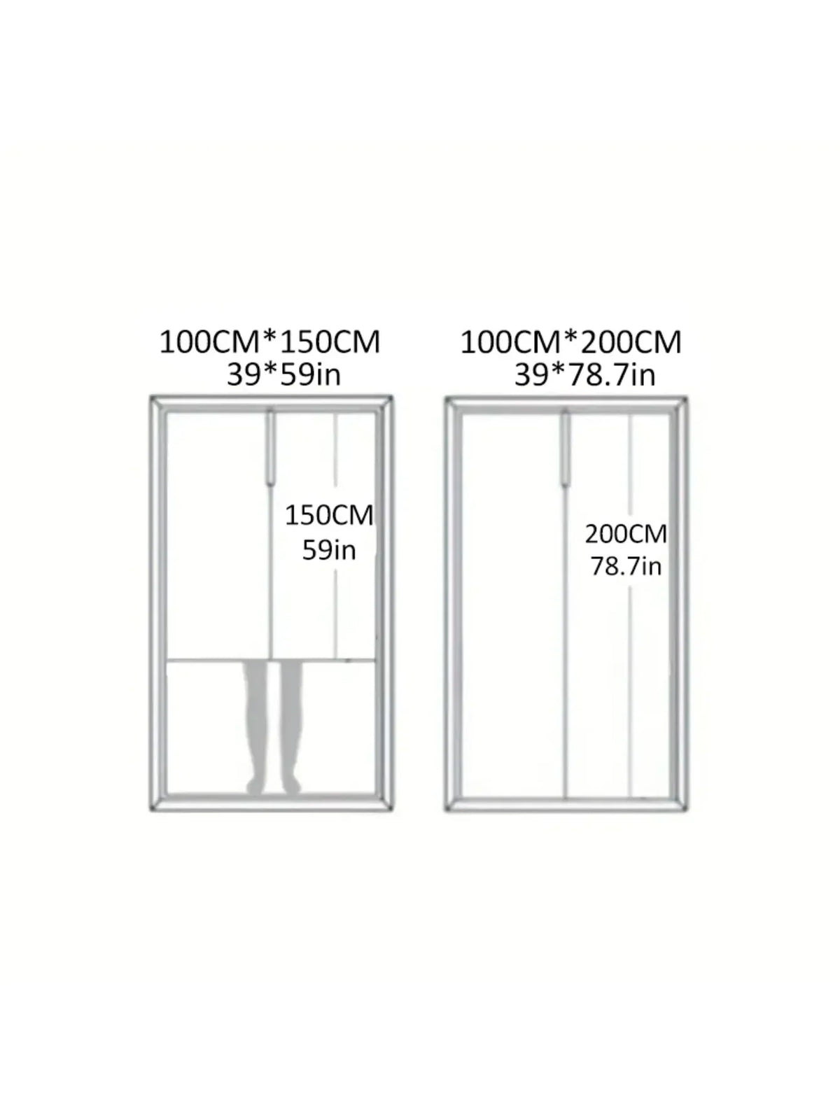 Two sizes of white sheer curtains shown, measuring 100x150 cm and 100x200 cm.