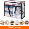Clear storage bag filled with various rolled textiles and fabrics.