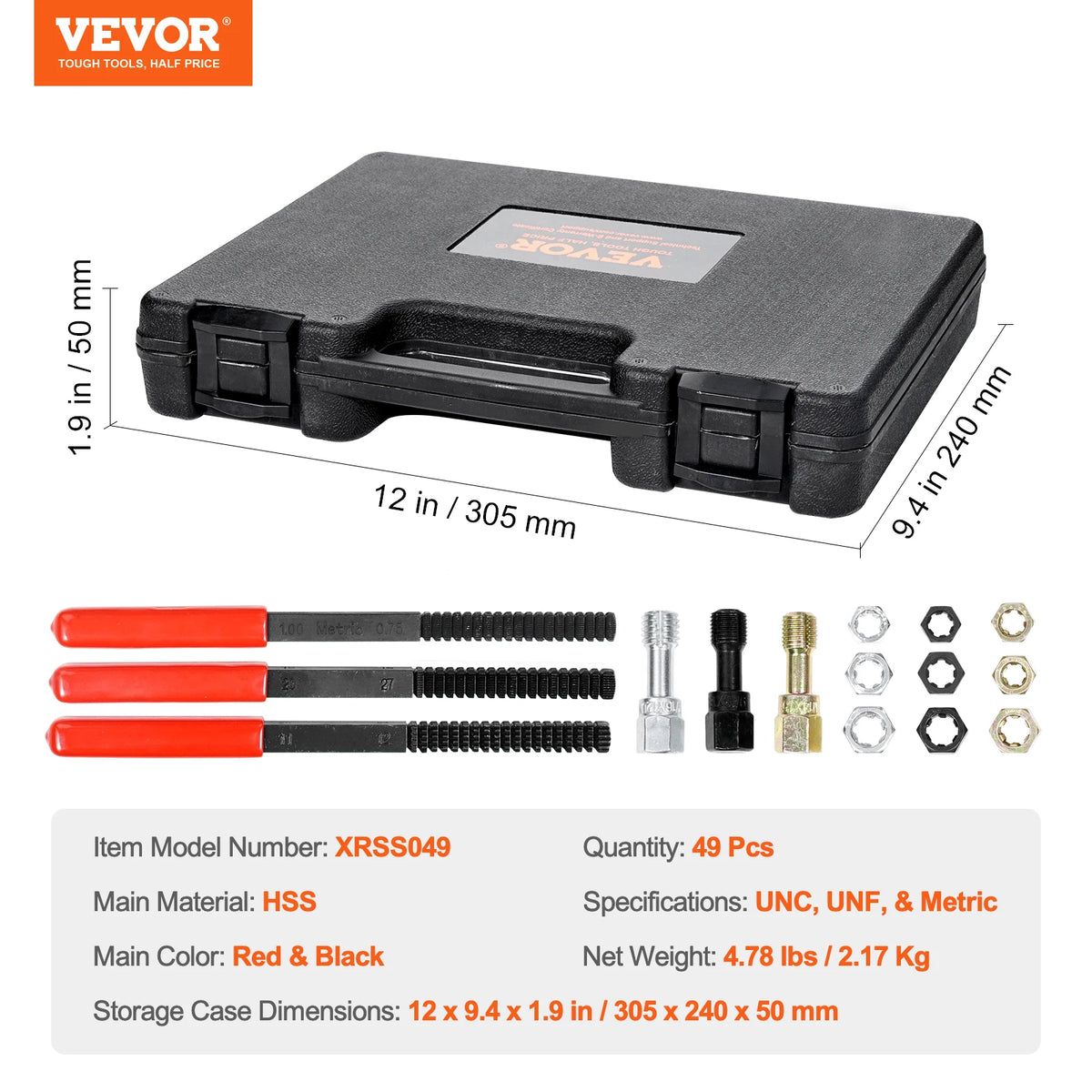 A black storage case containing a multi-size thread restorer kit with various red and black tools.