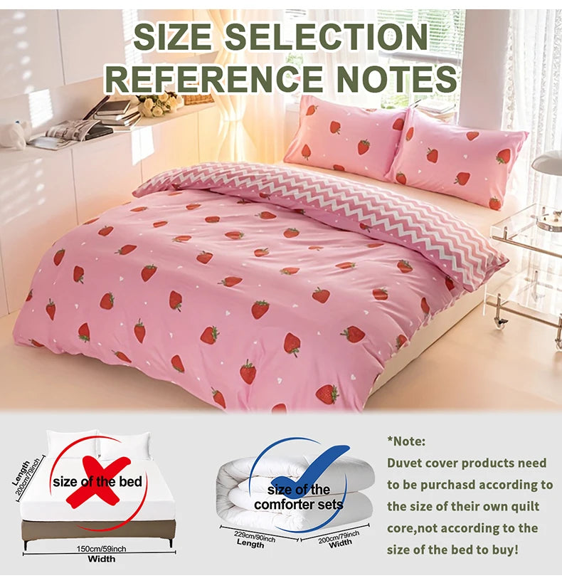 Reference notes for size selection of a strawberry print duvet cover set shown on a bed.