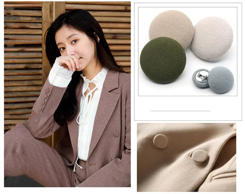 A set of round fabric-covered shank buttons in various shades of olive green and beige for coats and jackets.