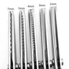 A series of professional dressmaking pinking shears are shown, varying in width from 7mm down to 2mm.