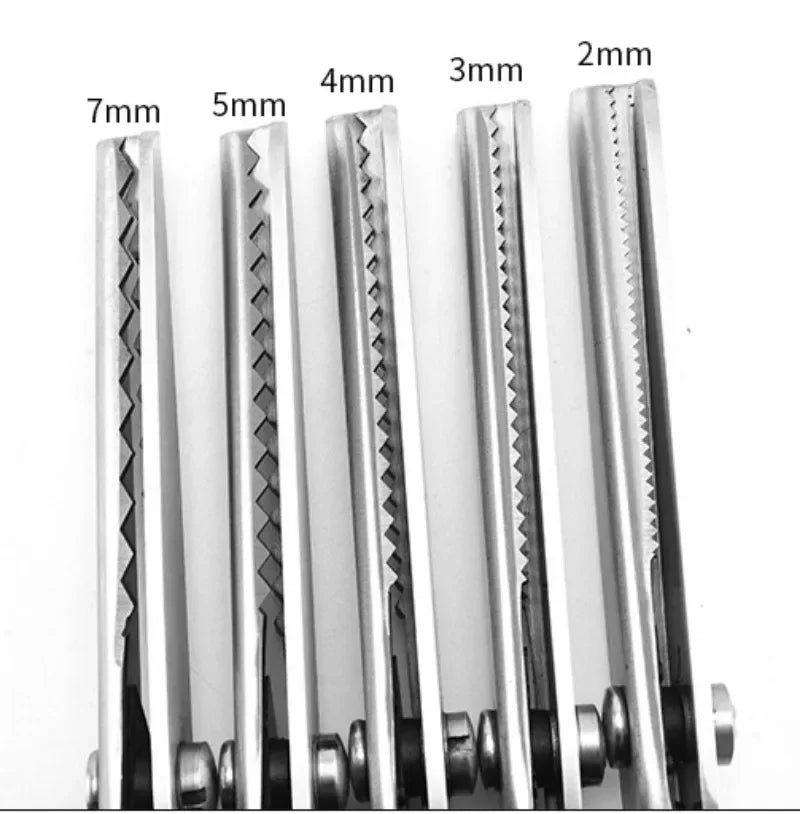 A series of professional dressmaking pinking shears are shown, varying in width from 7mm down to 2mm.