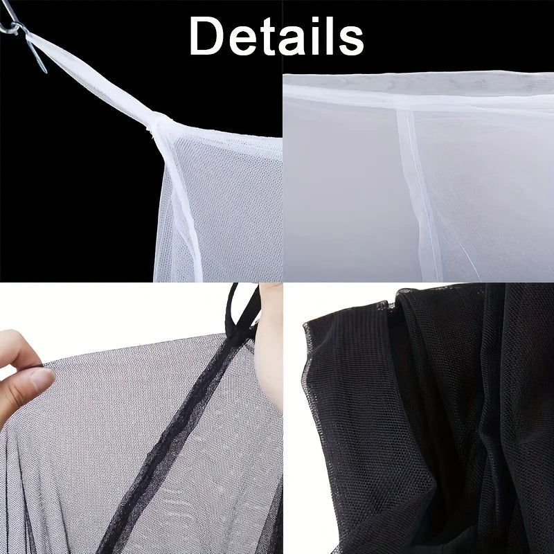 Details of a floor-to-ceiling mosquito net curtain for beds showing various mesh textures and fabric folds.