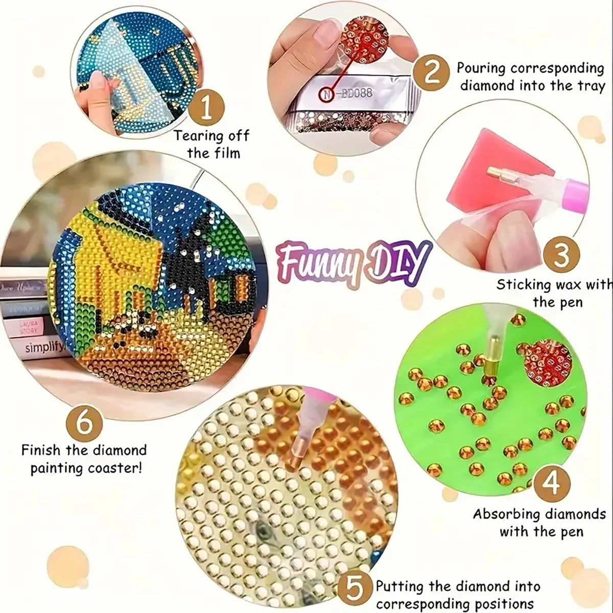 A set of tools and steps demonstrating how to create a diamond painting coaster.